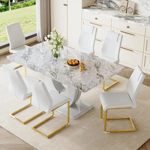 Vista 26 de JUFU Juego de mesa de comedor moderno para 4, juego de mesa de cocina rectangular de 63 pulgadas con mesa de mármol sintético y 4 sillas tapizadas