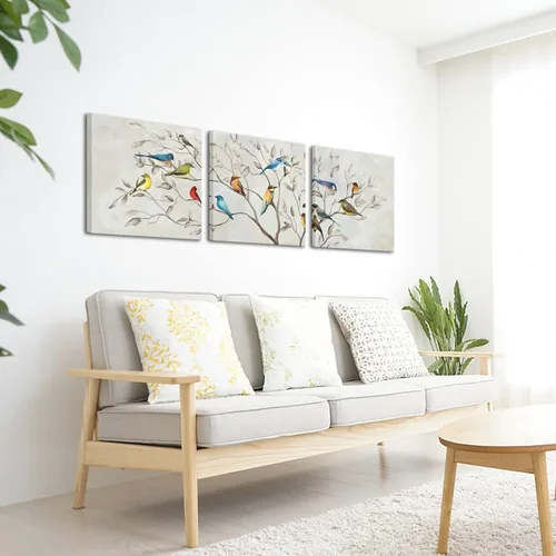 Vista 2 de KREATIVE ARTS Lienzo cuadrado de 3 piezas de arte de pared de pájaros en ramas de árbol, impreso en decoración contemporánea del hogar y dormitorio