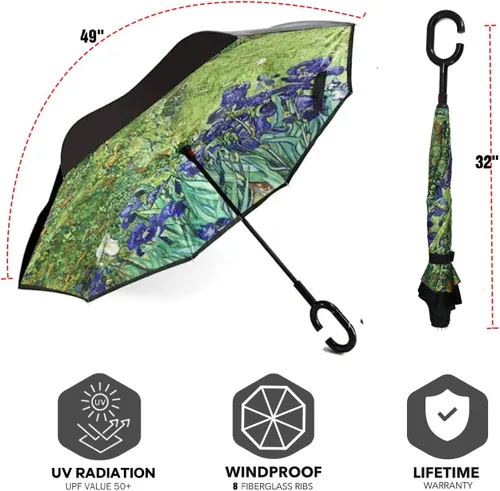 Vista 4 de SIEPASA - Paraguas invertido con mango en forma de C, resistente al viento y a los rayos UV, para mujeres y hombres.