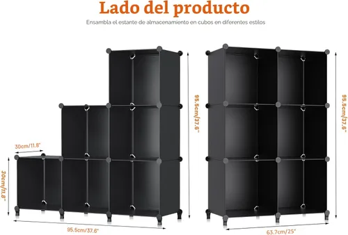 Vista 3 de HOMIDEC - Organizador de almacenamiento de 6 cubos, biblioteca con estantería y martillo de metal, organizador de cubos para niños, armario, Negro