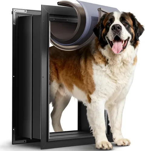 Vista 8 de Puerta para perro de 3 solapas, puerta grande para perros de aleación de aluminio para pared, puerta resistente para mascotas, fácil de instalar