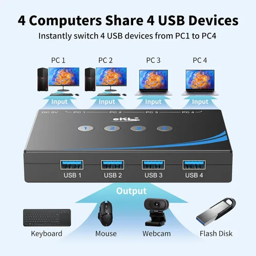 Vista 5 de eKL interruptor USB 3.0 para compartir entre 4 computadoras, 4 puertos USB 3.0, interruptor para PC, laptop, ratón, teclado, escáner, impresora