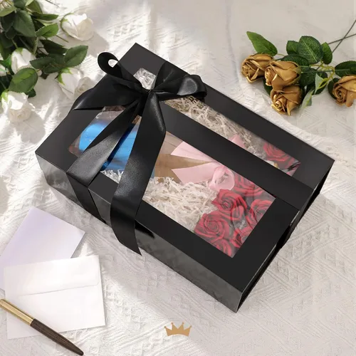 Vista 6 de PACKQUEEN Caja de regalo grande negra con ventana, 13.5 x 9 x 4.1 pulgadas, caja de regalo transparente para regalo, contiene cinta, tarjeta, caja