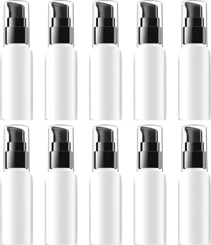 Vista 10 de Juego de botellas con bomba de viaje, paquete de 10 dispensadores de bomba de plástico transparente vacíos de 2 onzas (2.0 fl oz) con tapa negra