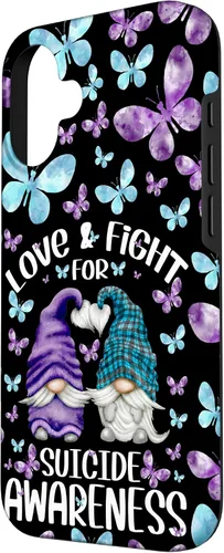 Vista 2 de iPhone 16 Purple Gnome With Cute Butterfly Pattern Suicide Awareness Case