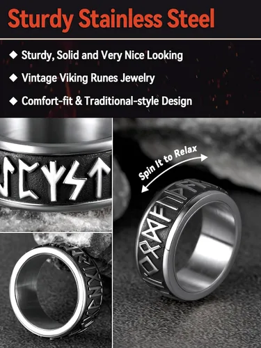 Vista 5 de FaithHeart Anillo giratorio nórdico vikingo con runas de acero inoxidable chapado en oro para hombres y mujeres, puede grabar personalizado