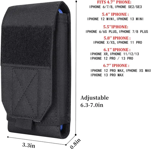 Vista 4 de Funda táctica negra Molle impermeable para teléfono celular, funda resistente para iPhone 11, 12, 13 Pro Max, menos de 6.7 pulgadas
