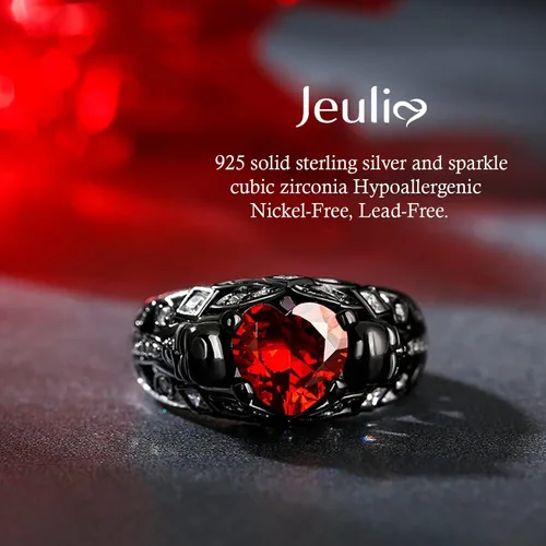 Vista 3 de Jeulia Juego de anillos de compromiso de calavera de 2.55 quilates, plata de ley con corte de corazón, diamantes rojos, anillos de rubí, circonita