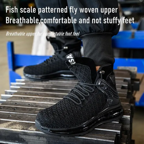 Vista 3 de SYLPHID Zapatos deportivos con punta de acero para hombre, zapatos de seguridad para mujer, zapatos de trabajo altos con cojín de aire, ligeros