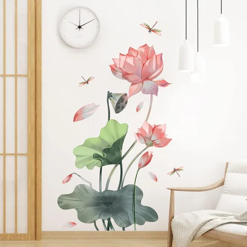 Vista 5 de Calcomanía de pared creativa de libélula de loto, calcomanía de pared de hoja de loto grande y vaina, mural de pared extraíble para sala de estar
