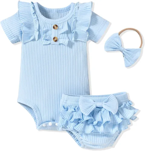 Vista 37 de Aalizzwell Body de manga corta para bebé niña con pantalones cortos acanalados