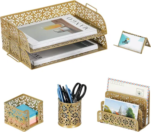 Vista 13 de EasyPAG Set organizador de escritorio 5 en 1 – Incluye 2 Charolas tamaño papel Carta, Clasificador de cartas, soporte de bolígrafos, recipiente
