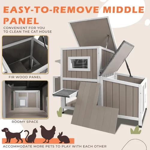 Vista 6 de Gowoodhut Casa para Gatos de Exterior de 36.1" de Largo, Refugio de Madera para Gatos de Exterior de 2 Pisos con 3 Puertas de Escape, Casa de Madera