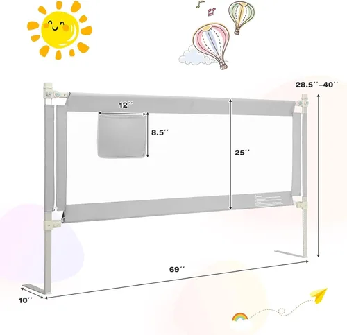 Vista 7 de BABY JOY Riel de cama para niños pequeños, 69 pulgadas, extra largo, altura ajustable y plegable, protector de riel de cama de bebé con bolsillo