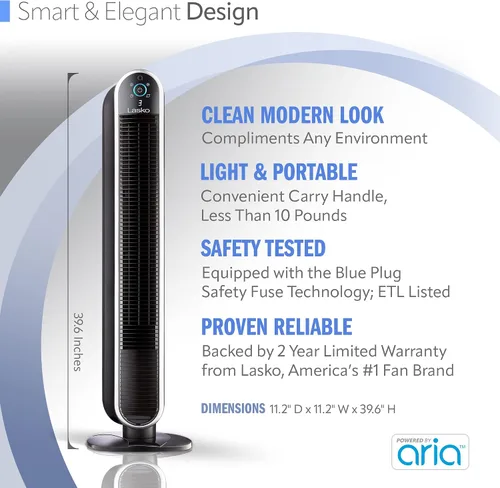 Vista 5 de Lasko Aria™ T40733 Ventilador de torre inteligente WiFi de 5 velocidades de 40 pulgadas con modo oscuro: negro