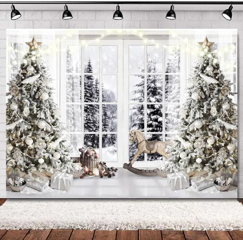 Vista 3 de Telón de Fondo Blanco de Navidad para Fotografía, Telón de Fondo de Navidad, Telón de Fondo de Invierno, Cartel de Navidad para Fotos 10X8FT F107