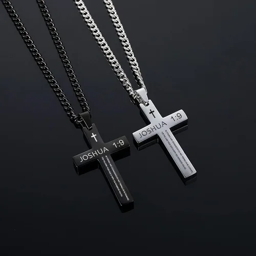 Vista 9 de REVEMCN Collar inspirador de cruz con versículo bíblico para hombres y niños, collar con colgante de cruz de plata negra lisa de acero inoxidable
