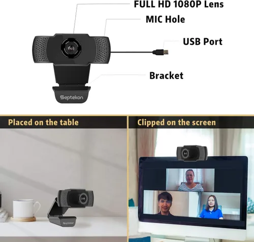 Vista 7 de Septekon Cámara web HD 1080P con micrófono, cámara web de computadora de transmisión para portátil/escritorio/Mac/TV, cámara USB para videollamadas