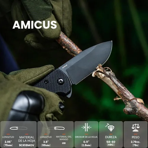 Vista 2 de Kizer Amicus Cuchillo de bolsillo pequeño, 2.95 pulgadas 9Cr18MoV hoja de acero, mango negro G10 plegable EDC cuchillo L3002A1