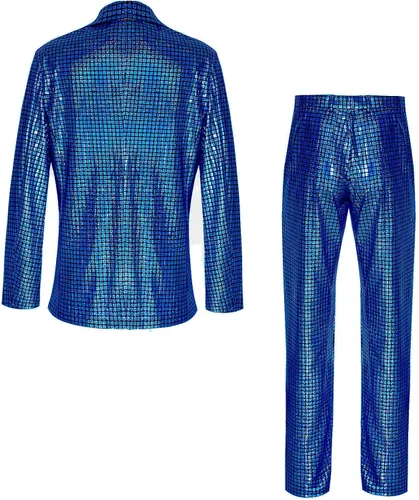 Vista 3 de Traje de discoteca de los años 70 para hombre, traje de arcoíris, chaqueta y pantalones de lentejuelas, disfraz de fiesta de Halloween
