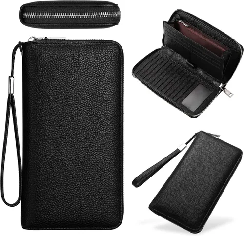 Vista 2 de Mitsoly Cartera larga de piel con bloqueo RFID para mujer, con cremallera alrededor de moneda, cartera de gran capacidad, 18 ranuras para tarjetas