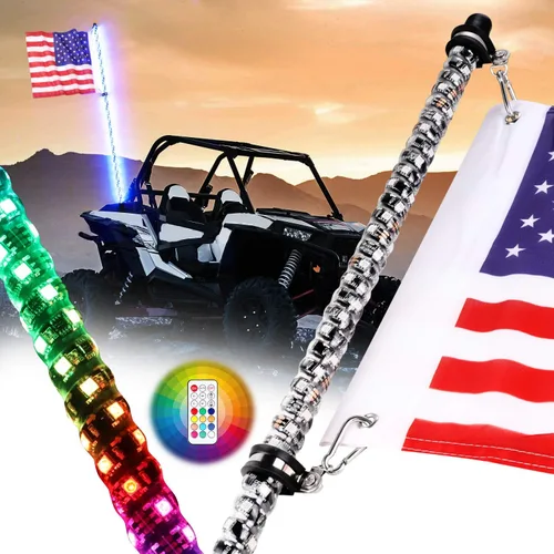 Vista 12 de Nirider 2PCS Luces LED Whip de 1 pie con Poste de Bandera Control Remoto Espiral RGB Luz de Persecución Todoterreno Antena Iluminada de Advertencia
