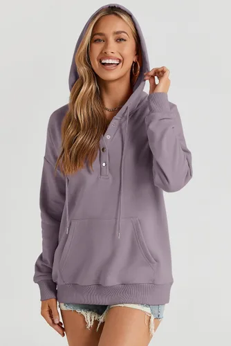 Vista 9 de Dokotoo Sudaderas con Capucha para Mujer 2025 con Cuello de Botón Cordón Ajustable Sudadera con Capucha Pullover Casual de Manga Larga Tops Camisetas