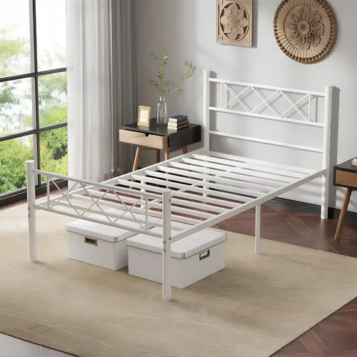 Vista 8 de VECELO Base de cama de tamaño individual con cabecero, base de cama resistente con listones de metal fuertes, no necesita somier y fácil montaje
