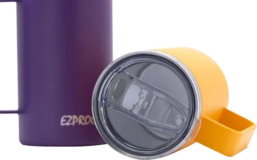 Vista 6 de Ezprogear Taza de café de acero inoxidable de 32 onzas, vaso de doble pared aislado al vacío con asa, tapa y pajitas (32 onzas, violeta brillante)