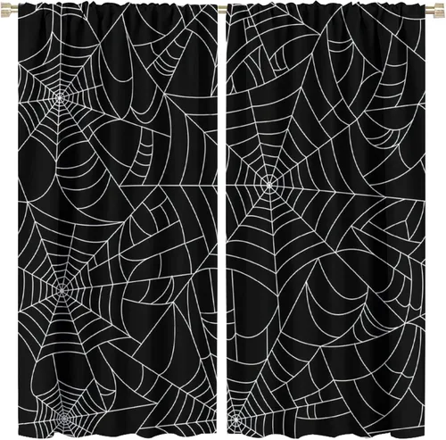 Vista 67 de Cortinas opacas de tela de araña aterradora para niños, tela de araña en blanco y negro, fondo rojo, dormitorio de niños, guardería, decoración