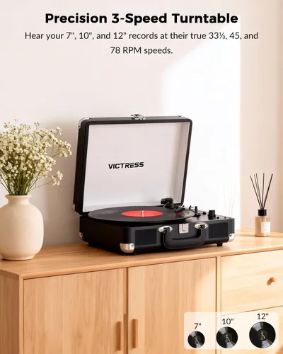 Vista 2 de Tocadiscos de vinilo con entrada y salida Bluetooth, tocadiscos portátil vintage de maleta, tocadiscos LP de 3 velocidades con conversión de vinilo
