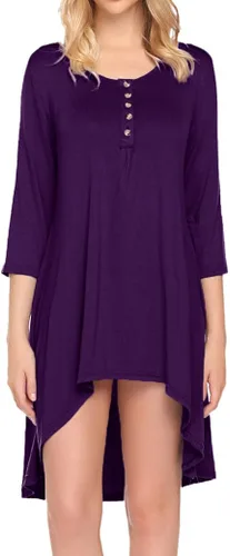 Vista 2 de Naggoo - Camiseta de manga 34 para mujer, diseño holgado y largo tipo túnica con cuello en V, botones, dobladillo asimétrico, tallas S a 3XL