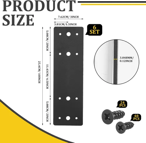 Vista 2 de Tandefio 6 placas planas rectas de acero de 10 x 3 pulgadas, placa de reparación de metal negro con soporte de unión de fijación de agujeros con 72