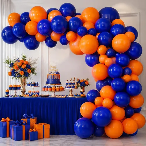 Vista 4 de Globos azules y naranjas, 50 unidades, globos de látex azules y naranjas, globos de fiesta azules y naranjas, decoración de cumpleaños para niñas