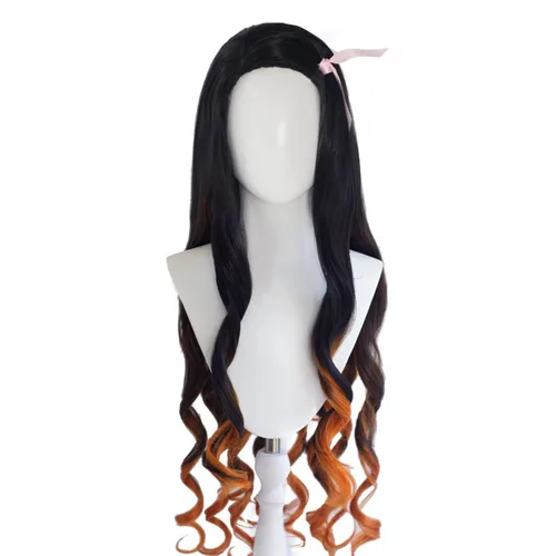 Vista 2 de AniLnc Pelucas largas Ombre negro naranja Kamado Nezuko Cosplay Pelucas Cosplay disfraz pelo