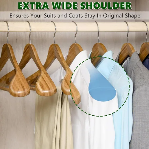 Vista 3 de Amber Home Paquete de 6 Perchas de Traje de Madera de Bambú Natural de Hombros Anchos, Perchas de Ropa de Bambú con Barra para Pantalones, Perchas