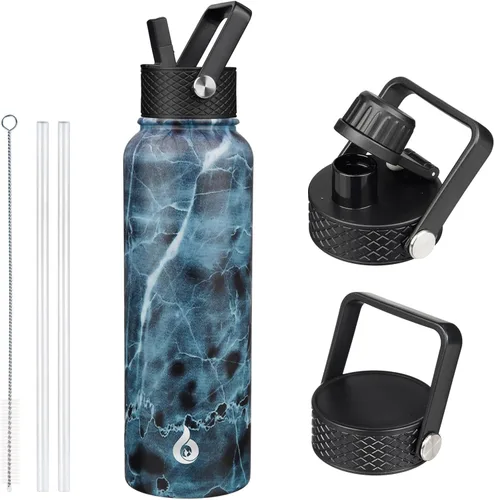 Vista 76 de BJPKPK Botellas de Agua Aisladas con Tapa de Pajita, Botella de Agua de Acero Inoxidable de 18oz, Termo Frío Caliente con 3 Tapas, Vaso de Viaje a