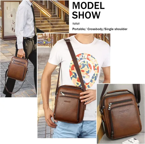 Vista 6 de KUANG! Bolso de hombro para hombre, de piel sintética, bolso de mensajero de negocios, maletín de viaje, cruzado con múltiples bolsillos