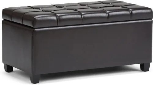 Vista 18 de SIMPLIHOME - Otomana Shiloh de cuero vegano de 48 pulgadas de ancho en color marrón castaño Otomana de transición con tapa capitoné y elevable