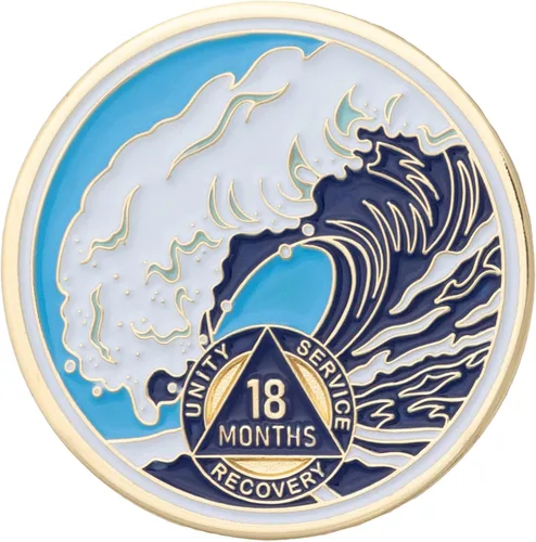 Vista 36 de Moneda AA de 1 año – Medallón de recuperación de ondas estrelladas de Sobriety Mint – azul/blanco/dorado
