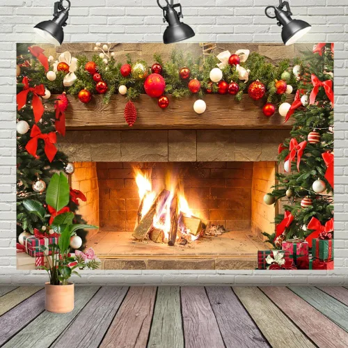 Vista 7 de Lofaris Telón de fondo de chimenea de Navidad de 5 x 3 pies, diseño vintage de árbol de fuego, medias rojas, regalos de fondo de fotografía