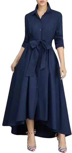 Vista 16 de VERWIN Vestido largo de manga larga para mujer, holgado, elegante, con botones, con bolsillos y cinturones