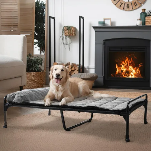 Vista 7 de Veehoo Cama elevada para perros + cojín acolchado extraíble, cama refrescante para perros interiores y exteriores con barandilla para perros