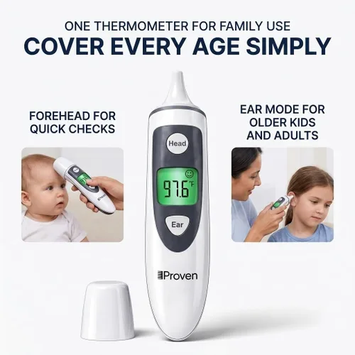 Vista 8 de Termómetro iProvèn para adultos en frente y oído - Alarma de fiebre, lectura en 1 segundo, indicador de temperatura por color, memoria de 20