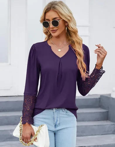 Vista 2 de BLITYA Blusas casuales con cuello en V para mujer, camisas de manga de encaje