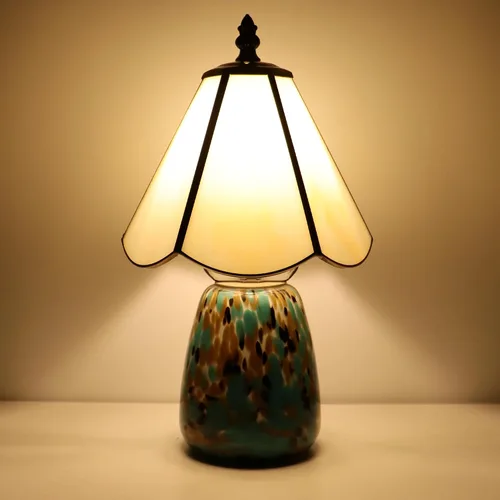 Vista 8 de Tiffany Style Stained Glass Table Lamp 12 Inch - Milky White Mushroom Lamp, 7X7X12 Inch,Mini Night Light, Glass Base, Accent Light,E12 Bulb