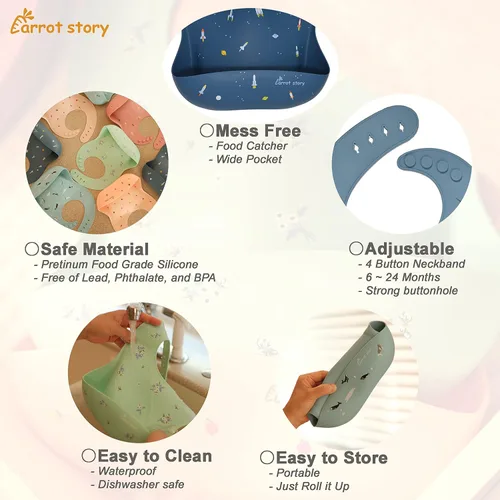 Vista 7 de Baberos de bolsillo 100% de silicona para bebés, baberos lavables impermeables, sin BPA, aptos para microondas y lavavajillas, juego de 2