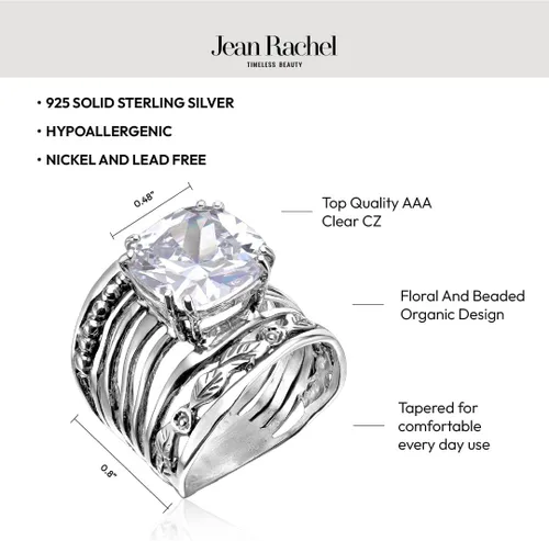 Vista 5 de JEAN RACHEL JEWELRY Anillo de plata de ley 925 con circonita cúbica en forma de cojín de 0.472 in, diseño vintage, hipoalergénico, sin plomo ni