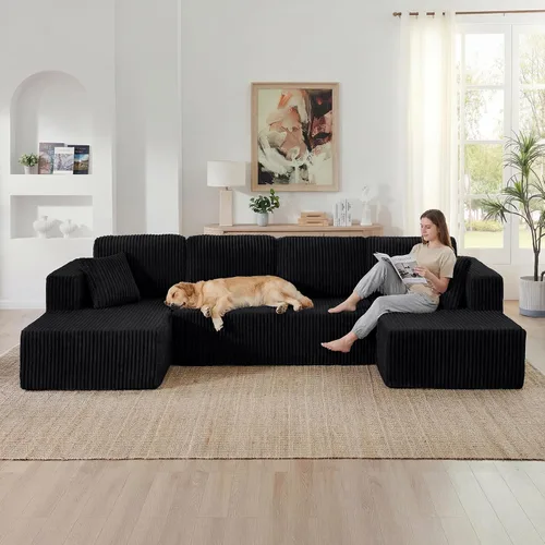Vista 44 de Sofá grande sin hueso de 125 pulgadas con diván, moderno sofá modular con asiento profundo, sofá tapizado de pana en forma de U para sala de estar