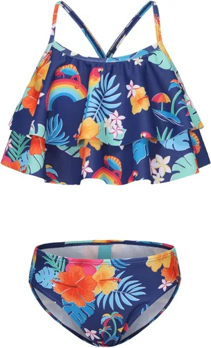 Vista 17 de Traje de baño de dos piezas para niñas, traje de baño hawaiano para niñas de 3 a 16 años Negro Rosa Rojo Floral